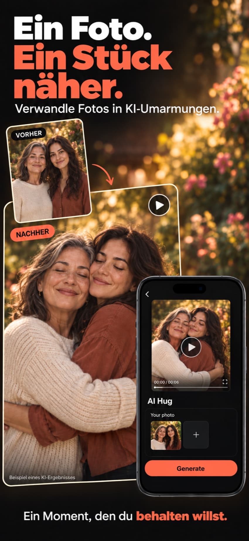 Zwei Fotos, verwandelt in ein KI-Umarmungsvideo