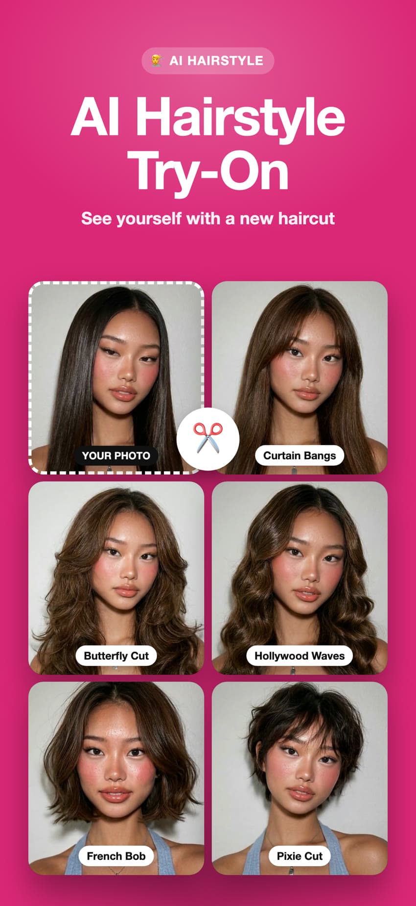 Six AI hairstyle try-ons made from one photo