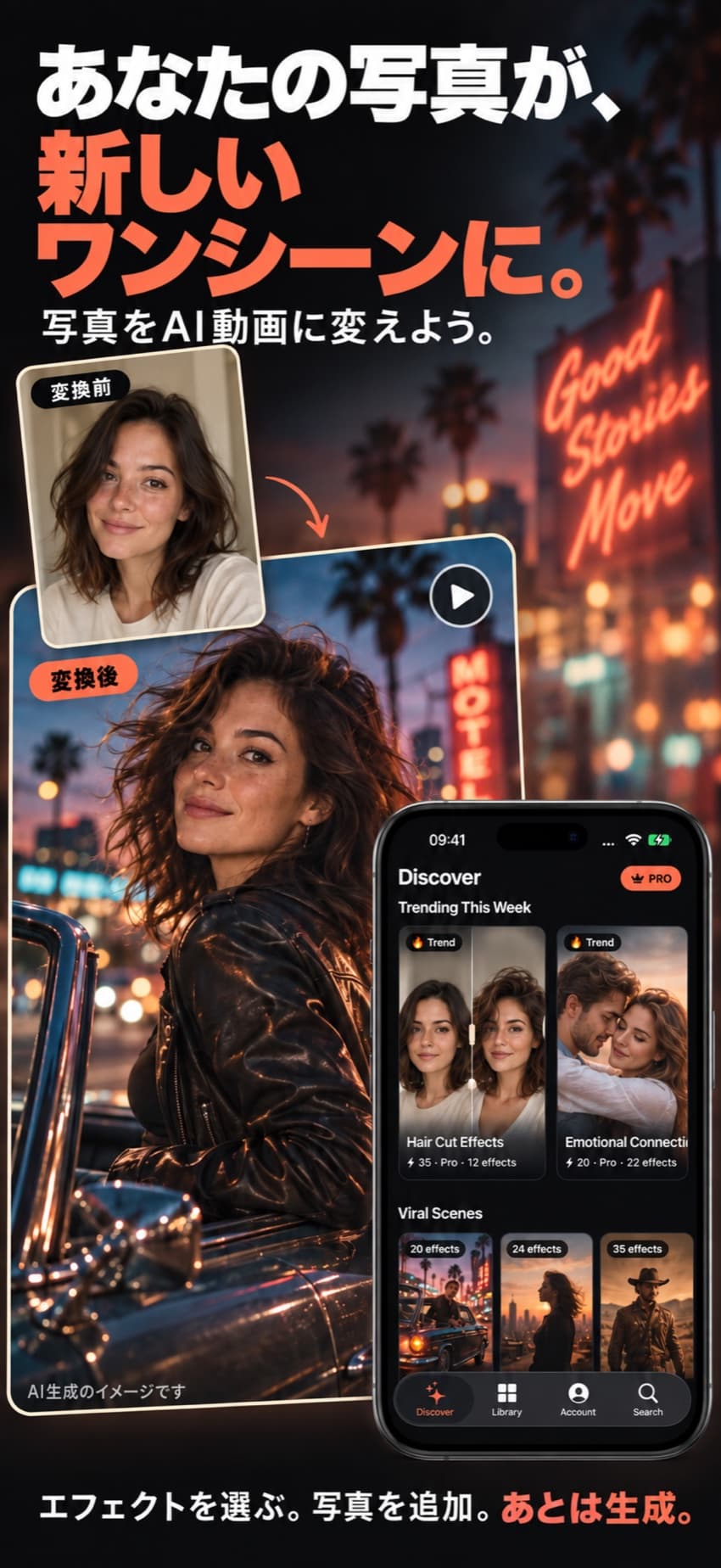ポートレート写真から作った映画のようなAI動画のシーンと、Discover画面
