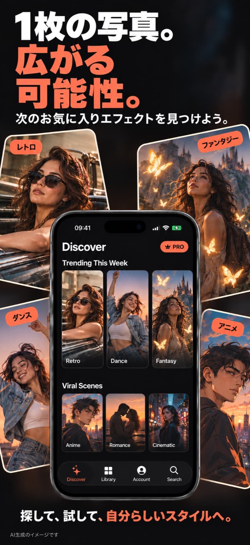 Discover画面に並ぶレトロ、ダンス、ファンタジー、アニメのエフェクト
