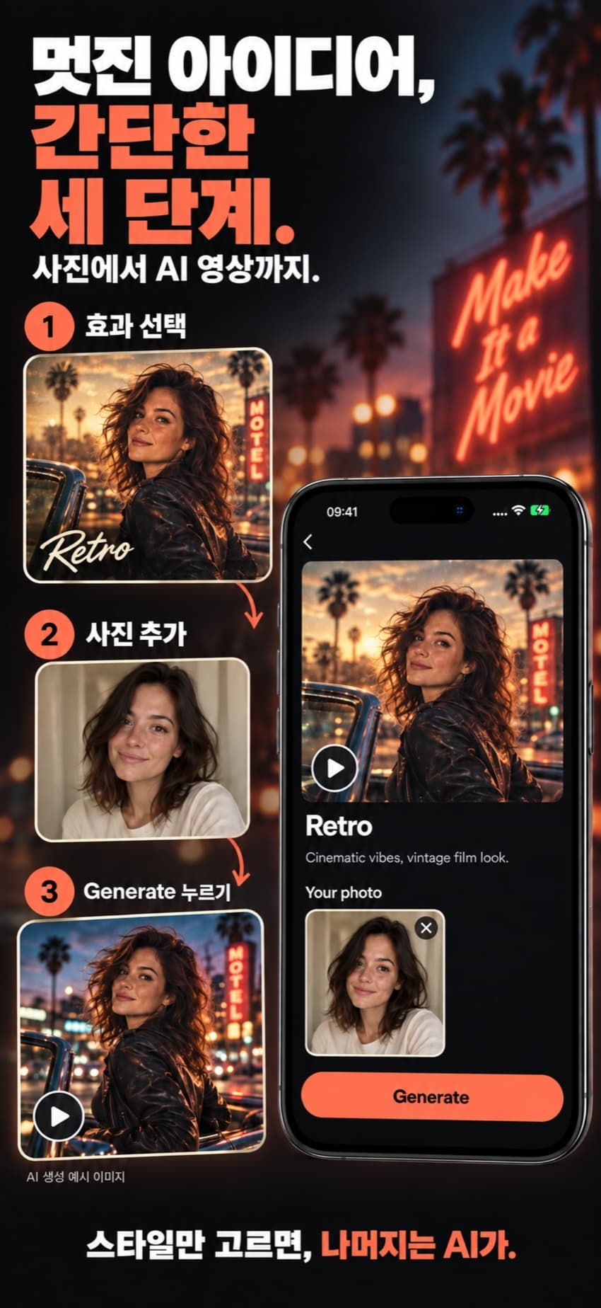 효과 고르기, 사진 추가하기, Generate 누르기의 세 단계