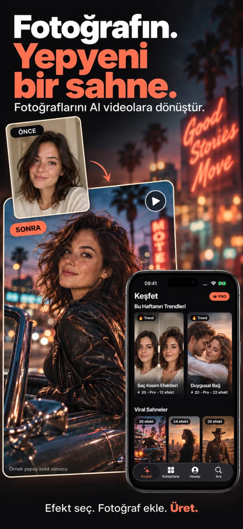 Sinematik bir yapay zekâ video sahnesine dönüşmüş bir portre fotoğrafı, yanında Keşfet ekranı